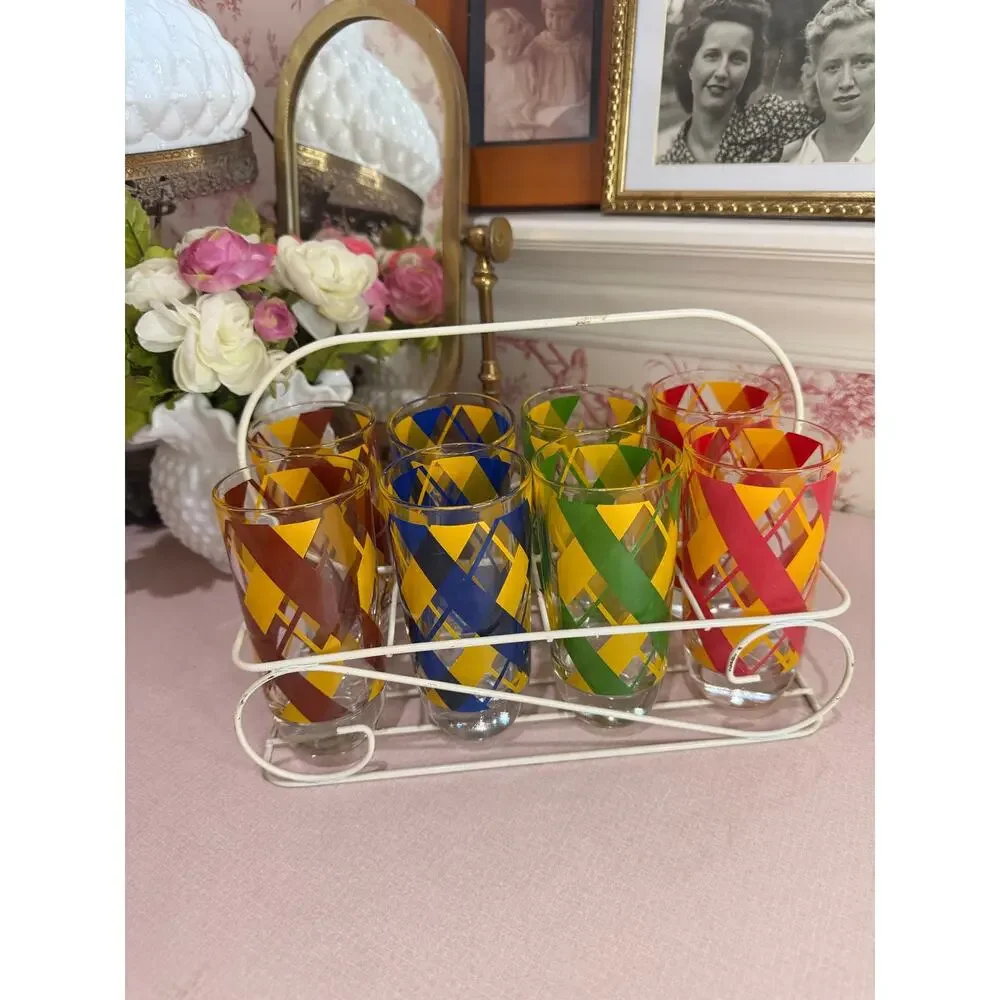 Vintage set of 8 midcentury glasses cups multicolor argyle w/ wire holder caddy